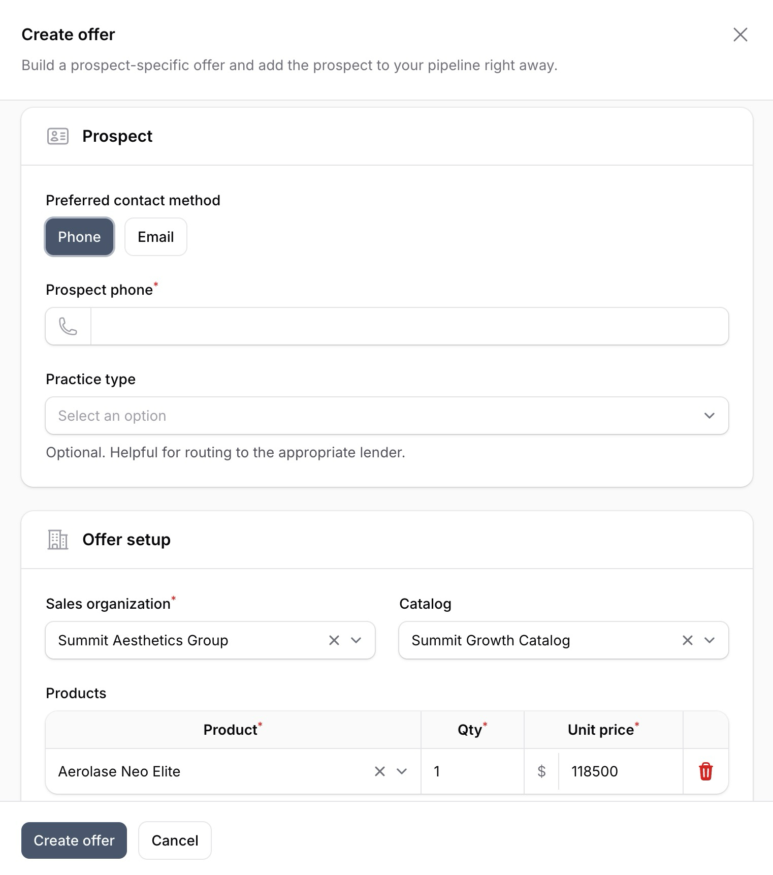 Medvera offer creator interface